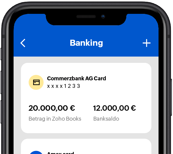 Zoho Books mobile app interface shows the banking module